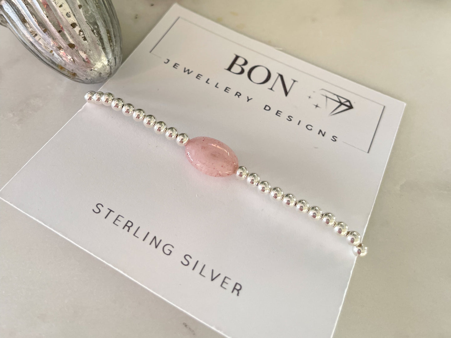 Large Oval Rose Quartz Silver Bracelet