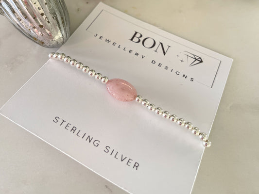 Large Oval Rose Quartz Silver Bracelet